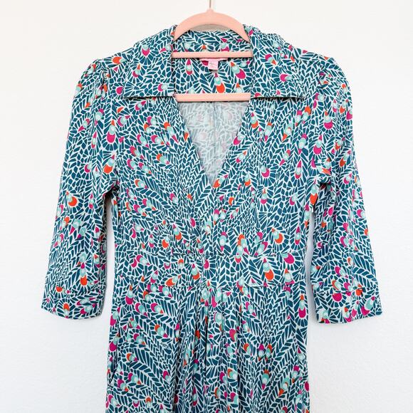 Lilly Pulitzer Feather Print 100% Silk Stretch Flare Dress Womens Size 0 - Picture 2 of 7